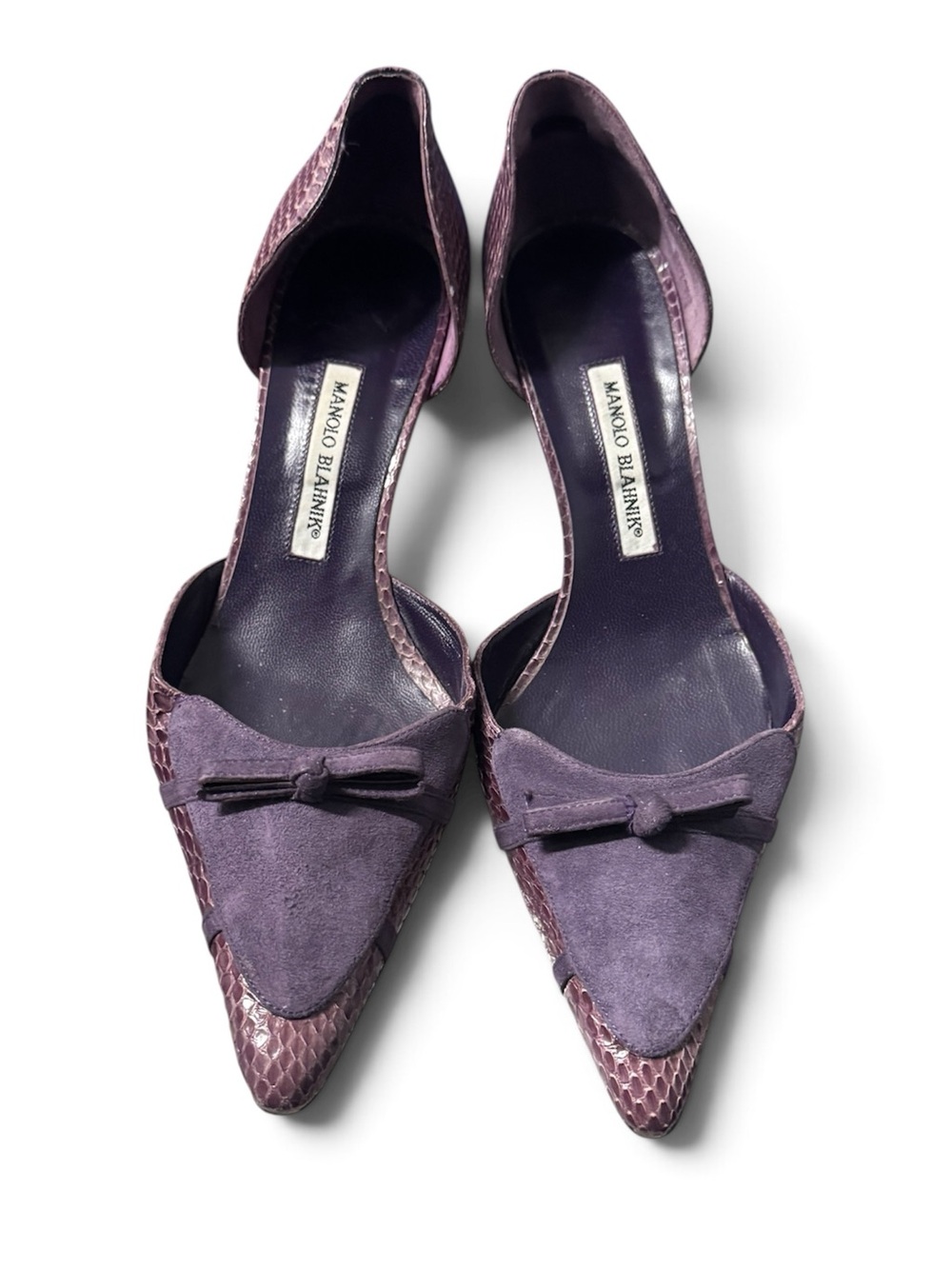 MANOLO BLAHNIK Purple Snakeskin & Suede Bow Kitten Heels | Size 41